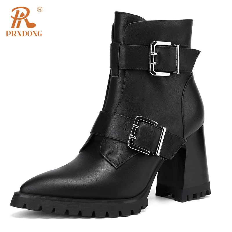 PRXDONG Brand Genuine Leather Women's Ankle Boots New 2023 Autumn Winter Warm Shoes Chunky High Heels Platform Dress Party 34-40