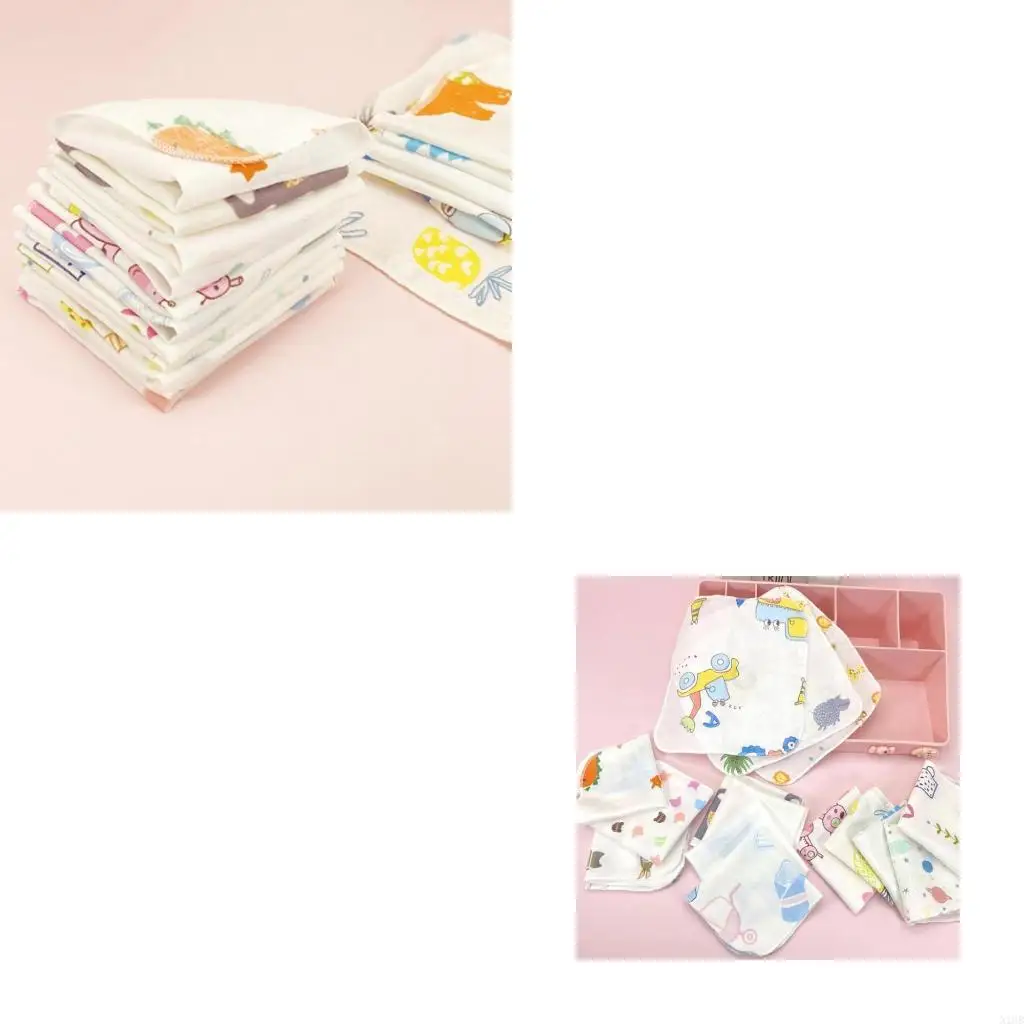 

10Pcs 20x20cm Baby Washcloths Set Cartoon Print Double Layer Gauze Infant Face Towel Reusable Wipes Absorbent Square Burp