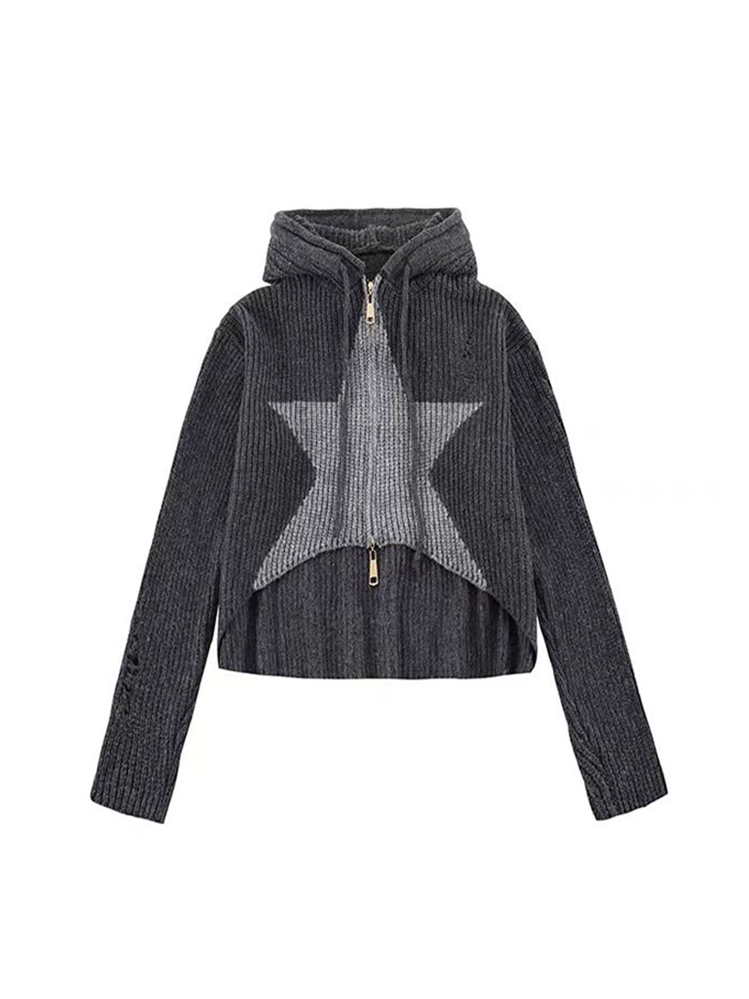 

Women's Grey Hoodie Star Cropped Cardigan Sweater Y2k Vintage 2000s Long Sleeves Zippers Knit Sweater Jacket Outerwear Autumn