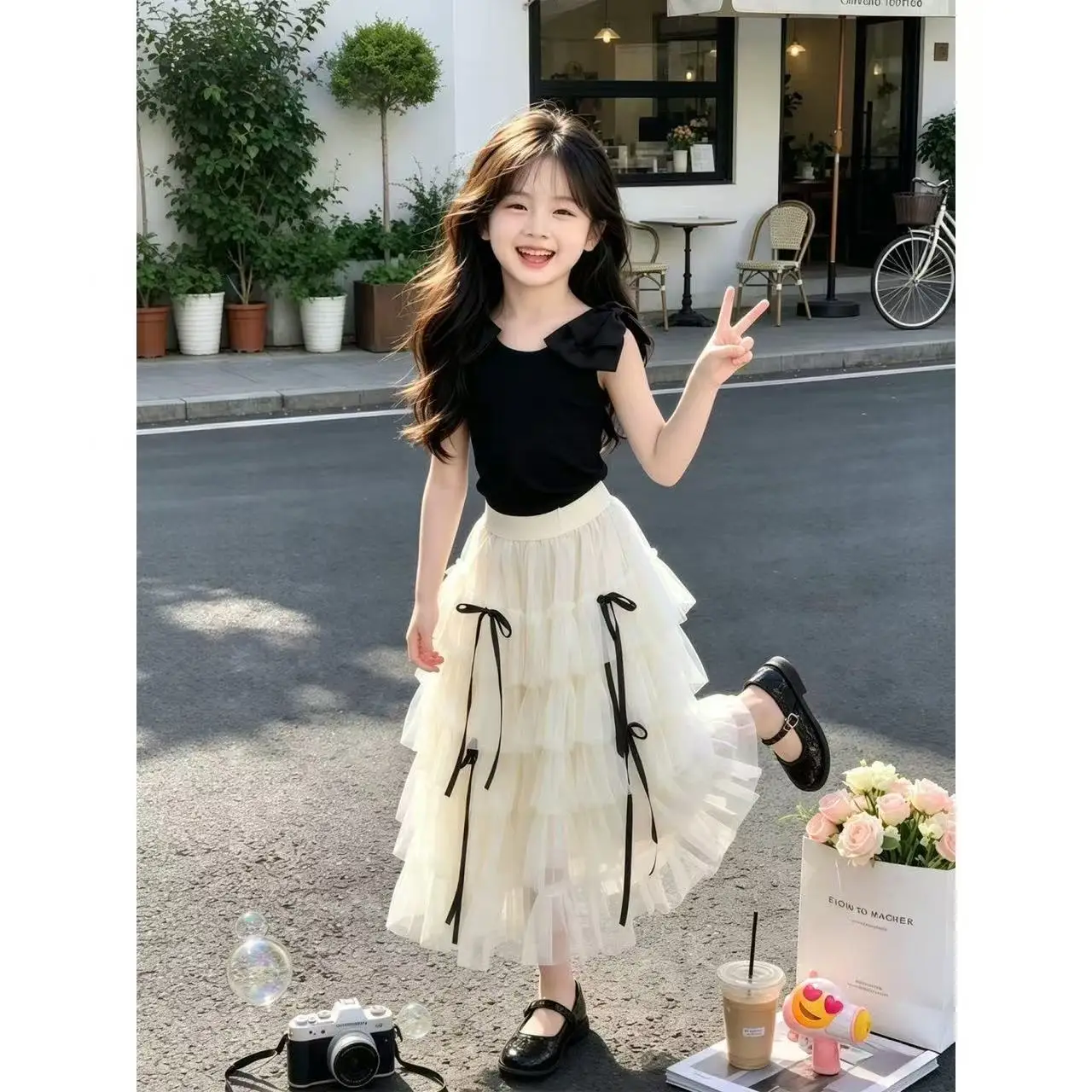 Conjunto de Verano para Niñas 2026, Nuevo Conjunto de Falda para Niñas, Camiseta Negra de Manga Corta con Lazo + Falda de Tul, Vestido para Niñas Grandes