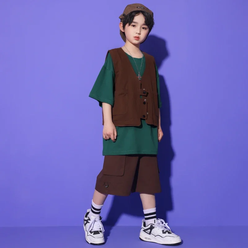 Completi da strada per ragazzi adolescenti Abbigliamento hip-hop per bambini Gilet marrone Maglietta Top Pantaloncini cargo per ragazze Abiti da ballo jazz