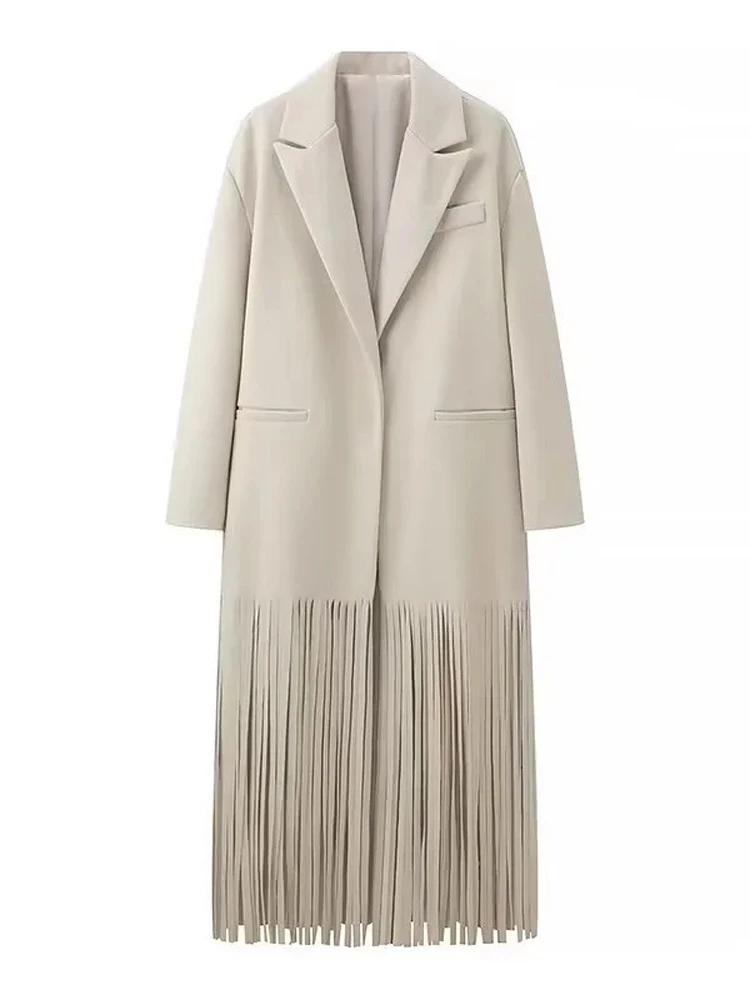 Women Minimalist Woolen Long Coat Open Front Wide Lapel Fringe Hem Casual Jacket Fall Winter Daily Chic Luxury Street Outfit