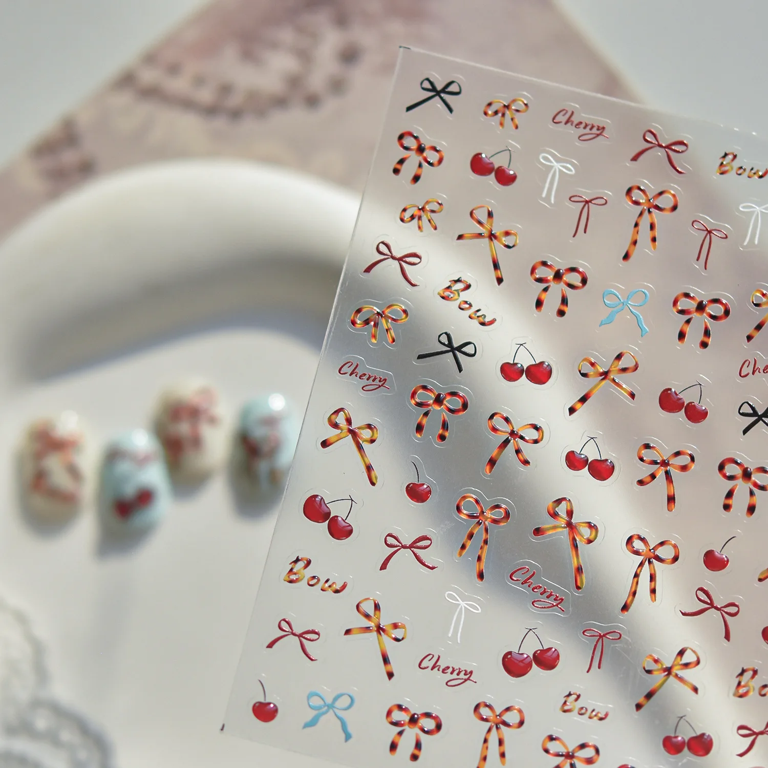 Jelly Cherry Leopard Print Bowknot Charm Ribbon Polka Dot Charm Flower Star Bow Tie Love Heart Delicate Nail Art Stickers Decals