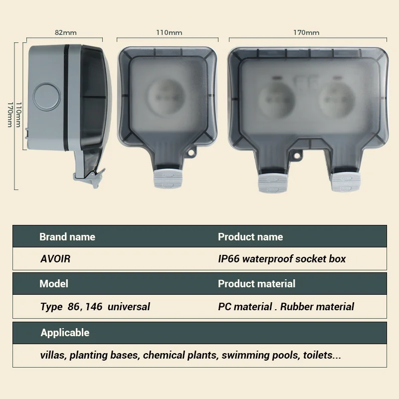 Avoir IP66 DustProof Waterproof Socket With USB Charger Port Outdoor Dual FR Standard Power Outlets 16A Outside For Home Garden