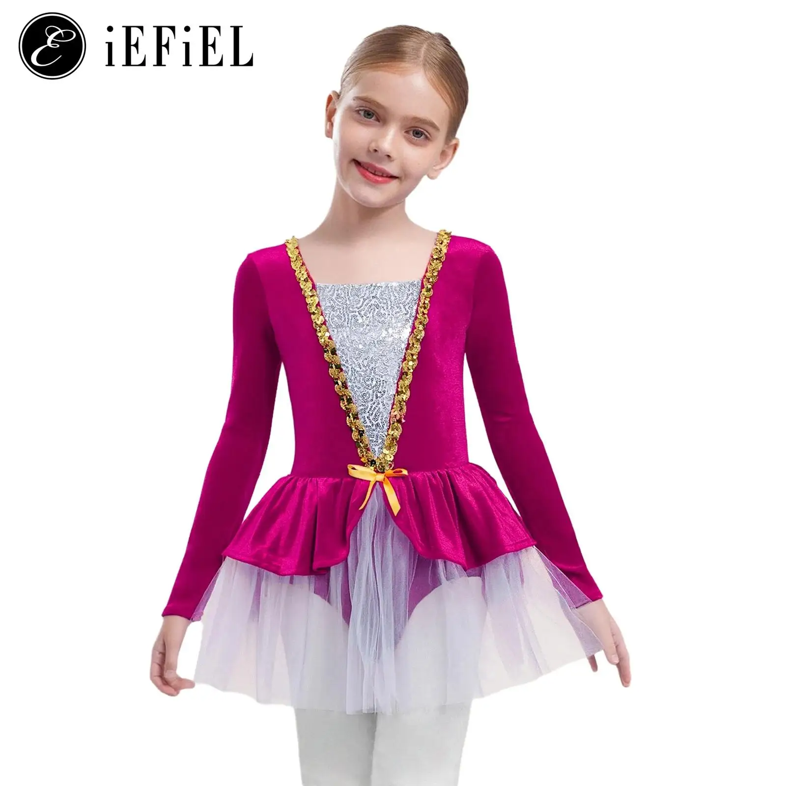 

Kids Girls Figure Skating Dress Ballerina Ballet Dance Costume Christmas Sequin Velvet Tutu Dress Gymnastic Leotards Dancewear