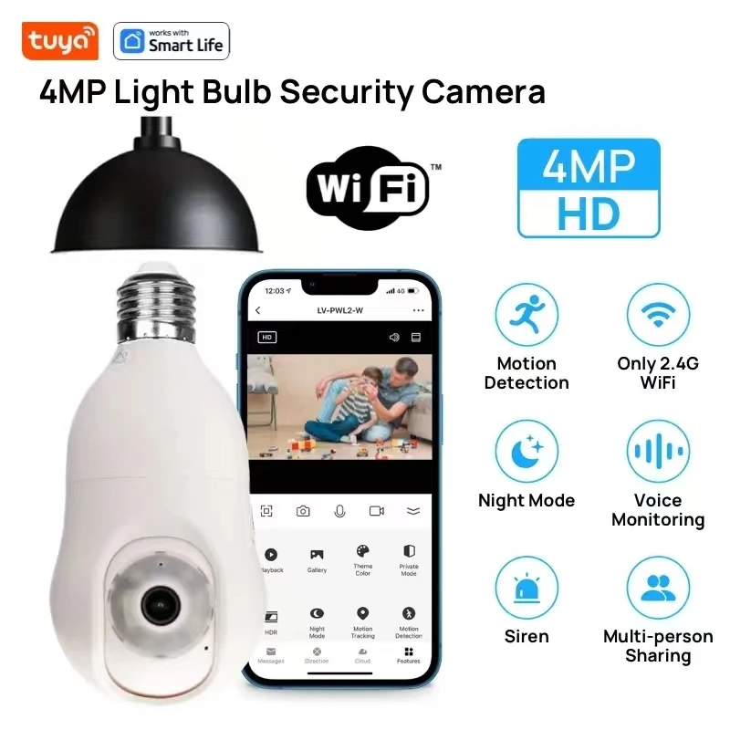 4MP Light Bulb Security Camera 5G/2.4GHz WiFi 2K Outdoor E27 Socket Motion Detection  Alarm Two-Way Talk Color Night Vision Tuya