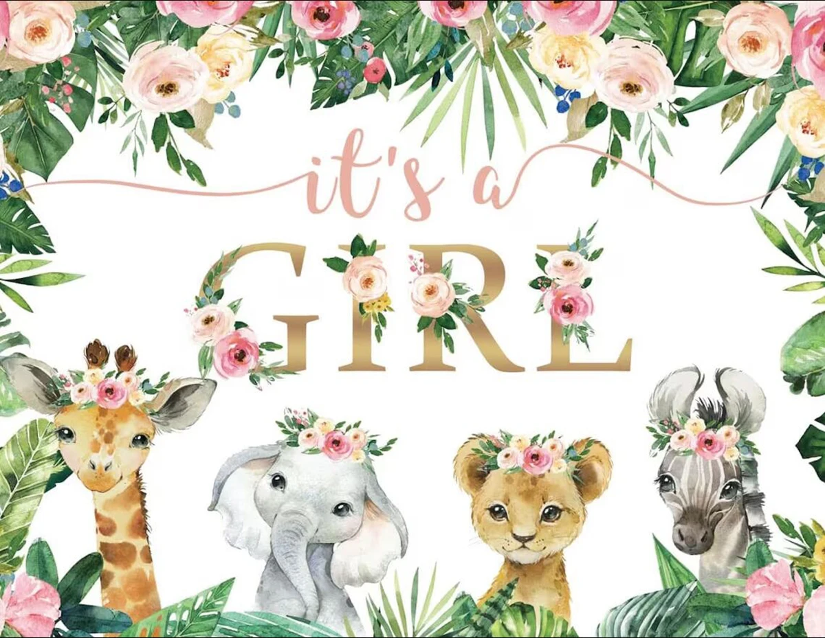 It is girl Jungle Safari Animals Zoo Giraffe Elephant Lion Zebra Flower  Baby Shower  backdrop party backgrounds