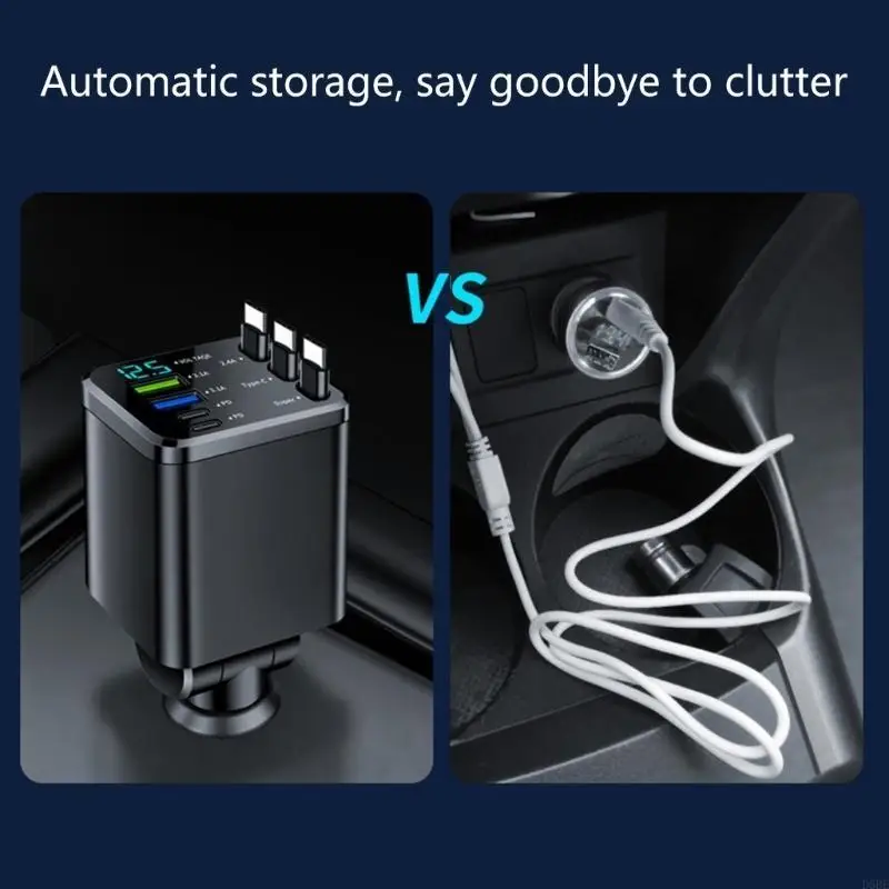 D5BE 3 Type C Car Charges With Retractable Cable 180 Adjustable Head Overheating Prevention 27.5inch for Multiple Devices