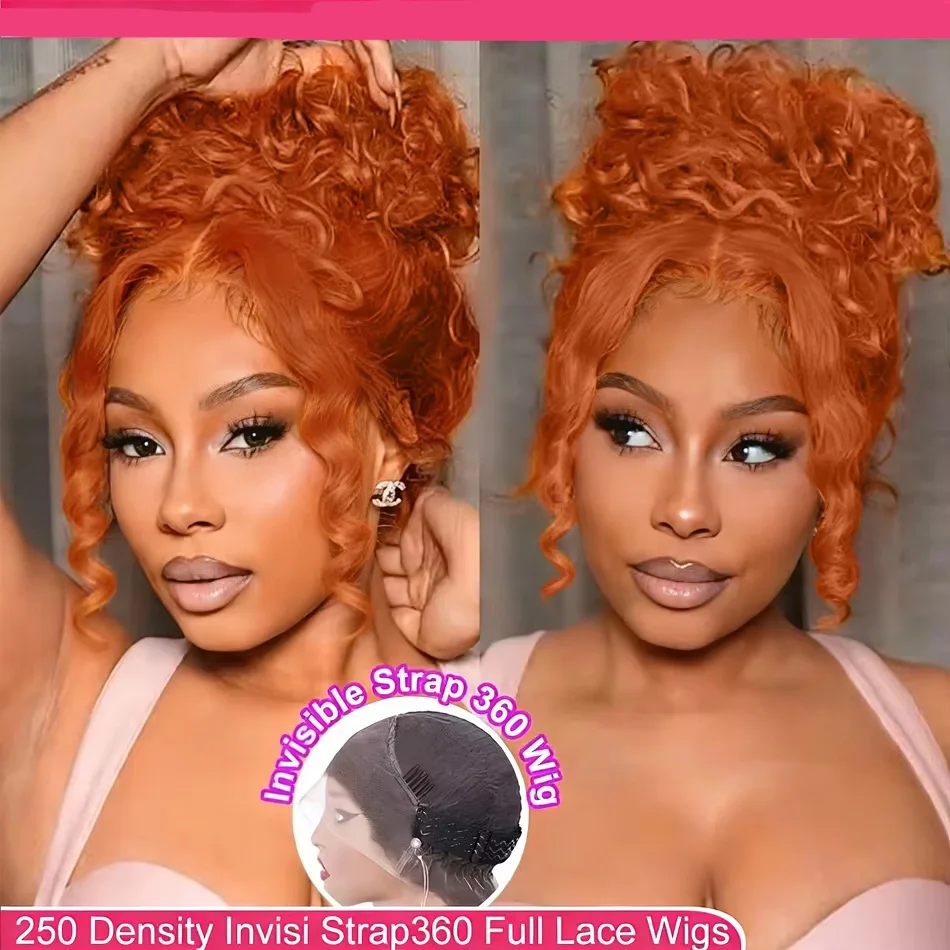 

Invisible Strap 360 Full Lace Glueless Wig Ginger Orange Deep Wave Frontal Wig Hidden Water Wave Lace Front Wig Human Hair