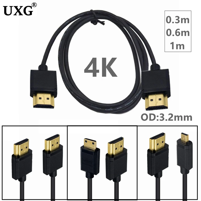 Cable corto fino compatible con HDMI macho a Micro Mini HDMI súper suave 2k 4k HDTV 8K @ 60hz ligero portátil 30cm 60cm 1M