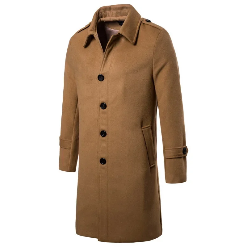 Men's Autumn and Winter New Single-breasted Woollen Cloth Coat, Korean Version of Leisure Loose Solid Color Long Trench Coat