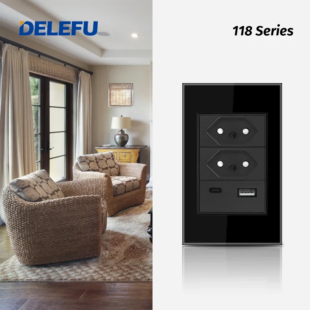 DELEFU Tempered Glass Panel Fast Charge Type C USB Socket White Black Gray 118*72mm Usb Wall Outlet 10A 20A  Standard Brazil