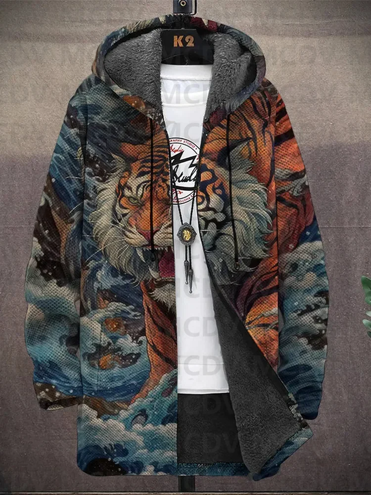 Men's Art Dragon Print Hooded Two-Pocket Fleece Cardigan Jacket