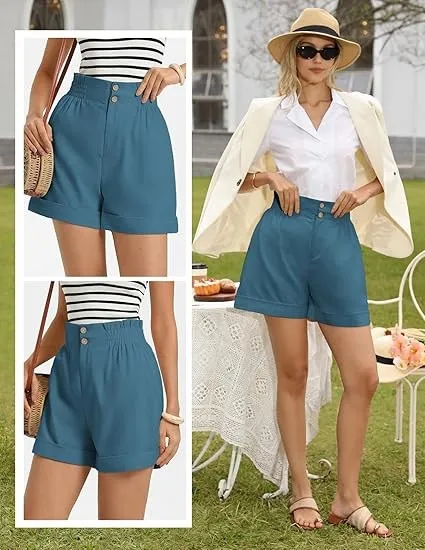 Women's Solid Color Elastic Waist Straight Leg Capri Shorts with Button Zipper Pockets for Travel Camping Streetwear Everyday