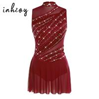 Women Ruched Ballet Lyrical Dancing Dress Round Collar Sleeveless Rhinestone Backless Dress for Stage Performance Competition