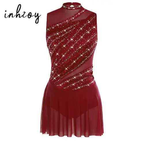 Vestido de baile lírico de Ballet fruncido para mujer, vestido sin mangas con cuello redondo y espalda descubierta con diamantes de imitación para competición de puesta en escena