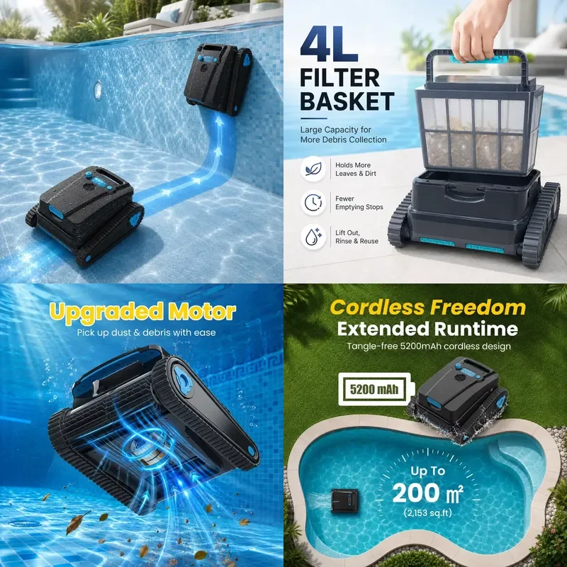 Cordless Robotic Pool Vacuum Cleaner with Strong Suction for Floor Wall and Corner Cleaning 130mins