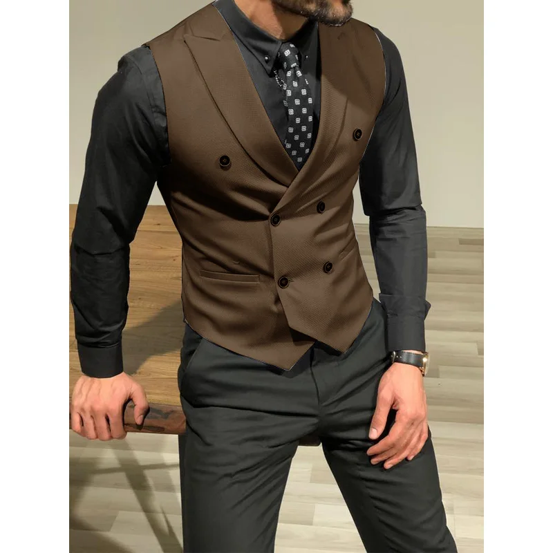 Men\'s Vest Black White Tailored Collar Double Breasted Male Gentleman Business Waistcoat Jacket Casual Slim Fit Gilet Homme Vest