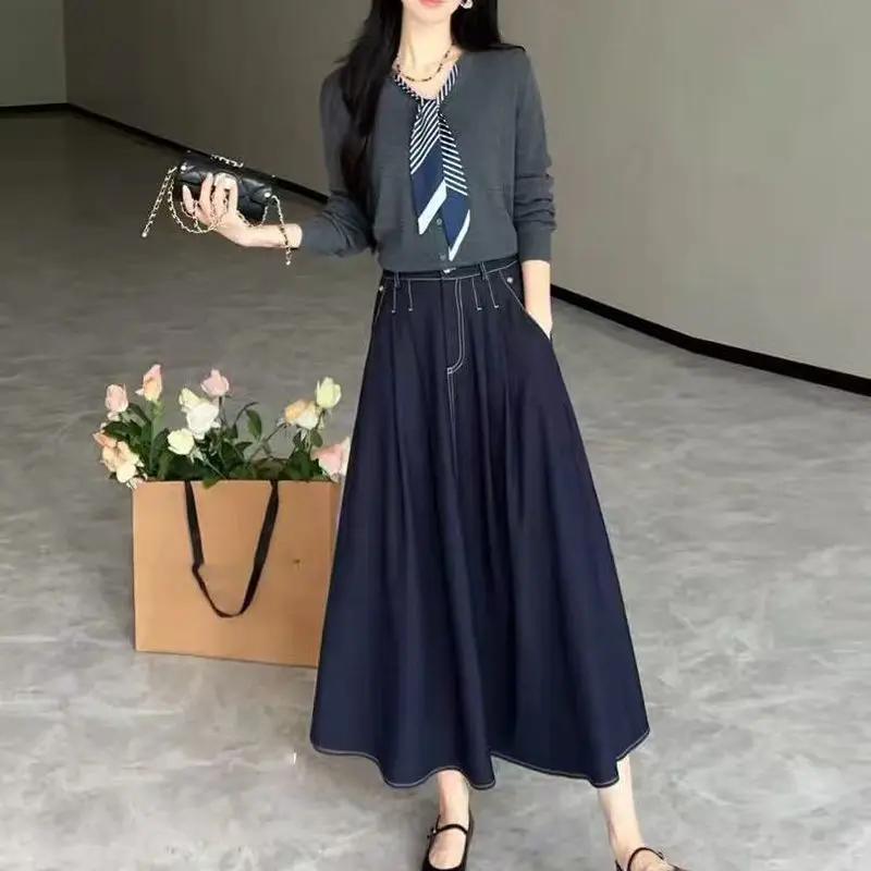 

Ribbon Knitted Sweater + Skirt Two-Piece Set Fashionable Beauty Design Sense Autumn New Dress Full Set Trendy