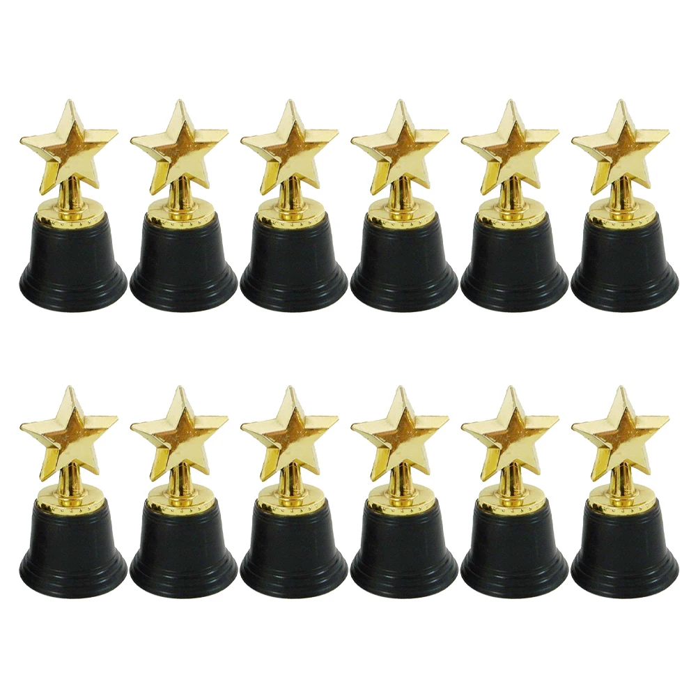 12Pcs Award Golden Mini Award Trophy Prizes Decor Plastic Reward Prizes Kindergarten Kids Gift Awards Trophy with Black Base