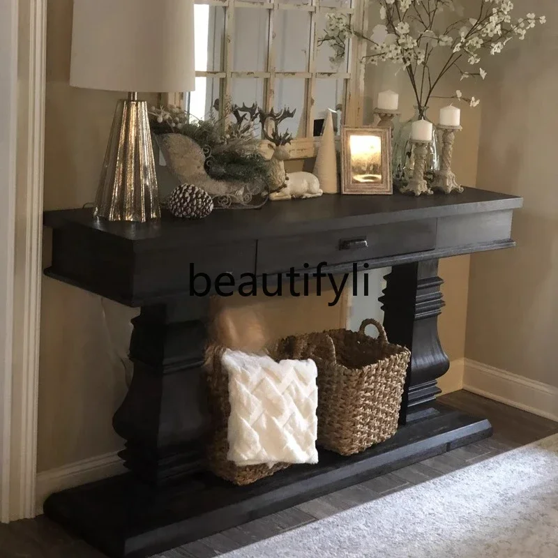 

American rural retro solid wood entrance table, living room corridor aisle, table, French black entrance table2005