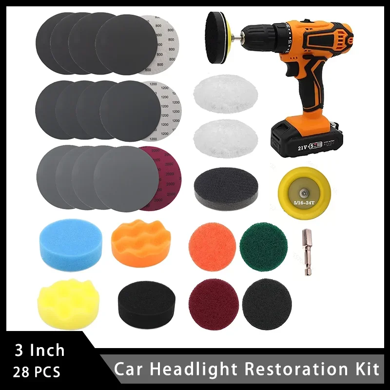 3 Inch Car Headlight Restoration Kit 28 Pcs with Backing Pad Scouring Pads Soft Interface Pad Wool Polishing Pad for Polishing