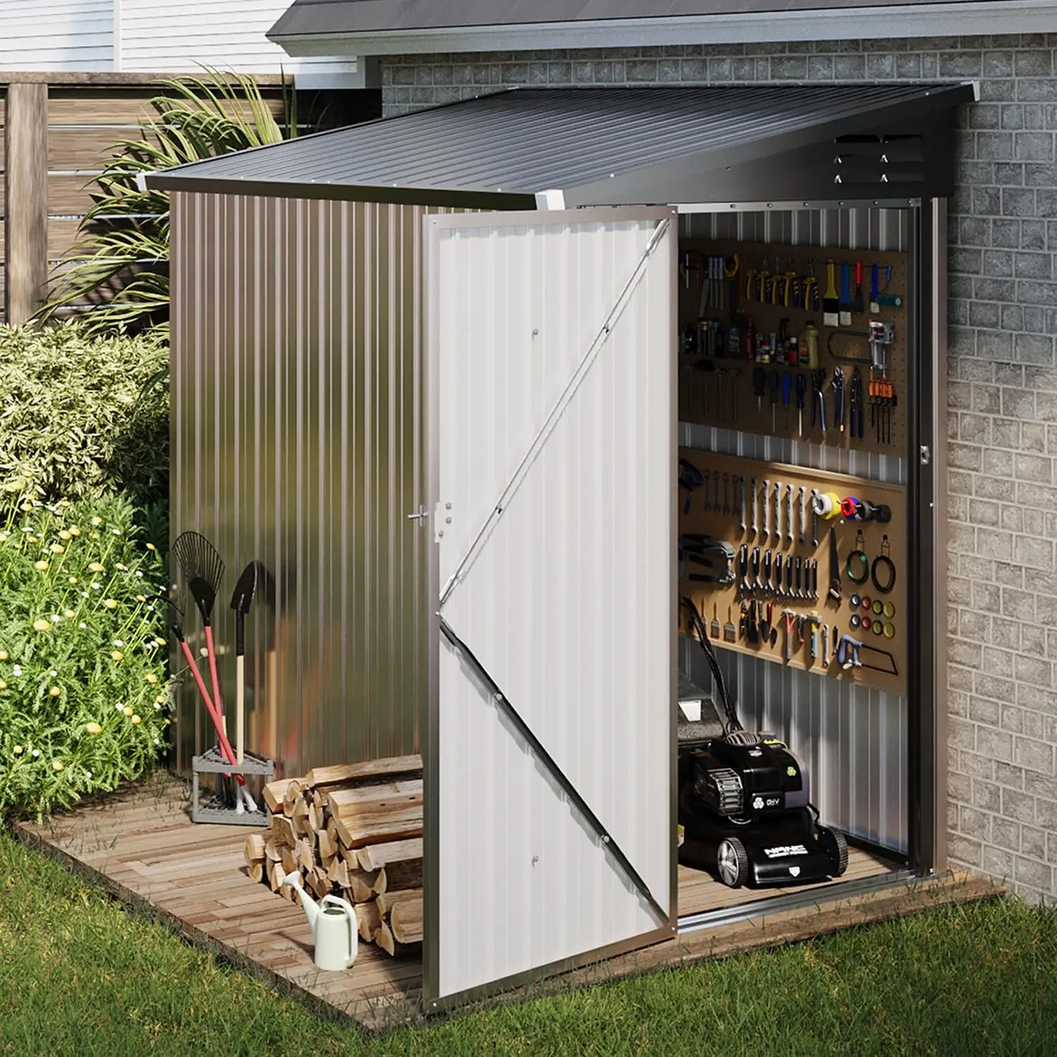 Aoxun 6' x 4' Storage Shed Lean to Shed, Outdoor Metal Wall Side Sheds, Outdoor Cabinet for Patio,