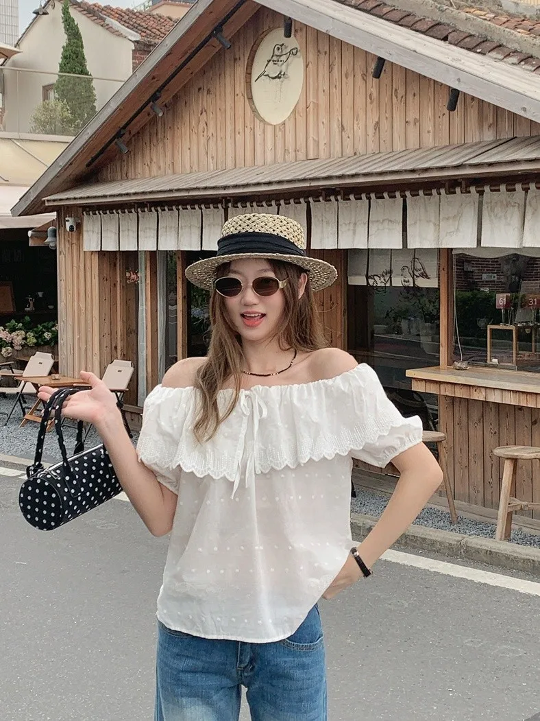 

Kumikumi Korean Style White Off-Shoulder Bubble Sleeve Shirt Women's Summer Sweet Casual Loose Fit Shirt Reducing Ageing Effect
