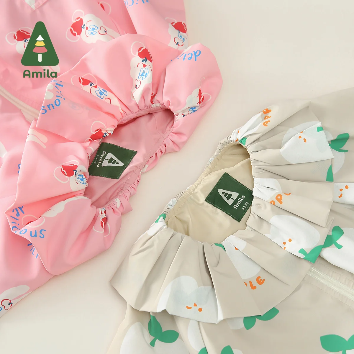 Amila 2024 Spring New Girls Lapel Loose Coat Lotus Collar With Lantern Sleeve Sweet Cute Printed Cotton  Baby Clothing