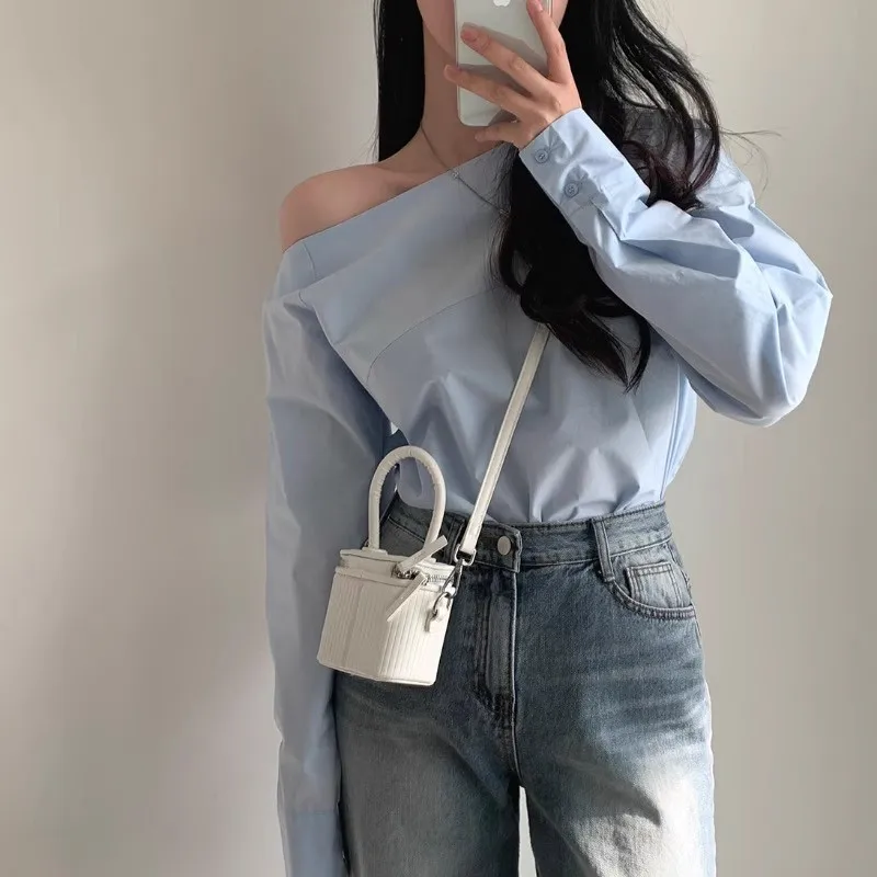 Blouse Women Diagonal Collar Long Sleeve Shirts Korean Fashion Office Ladies Women's Tops 2024 New Casual Elegant Woman Clothing