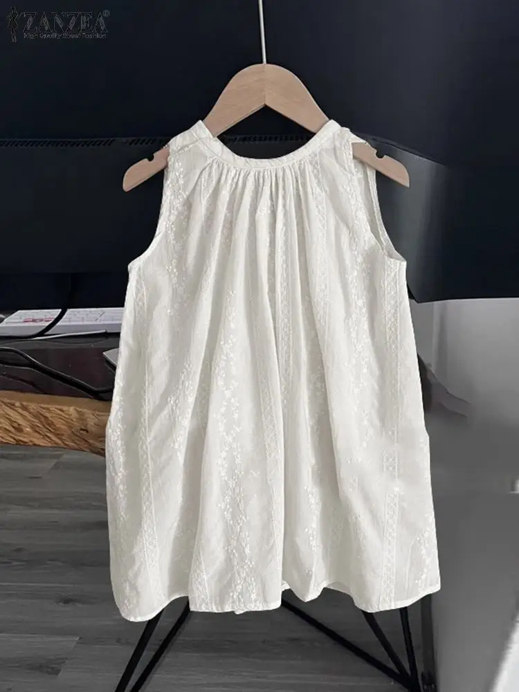 ZANZEA Korean Loose O-neck Tank Tops Cotton Sleeveless Tanks Women 2024 Summer Solid Round Neck Camis Holiday Embroidery Blousee