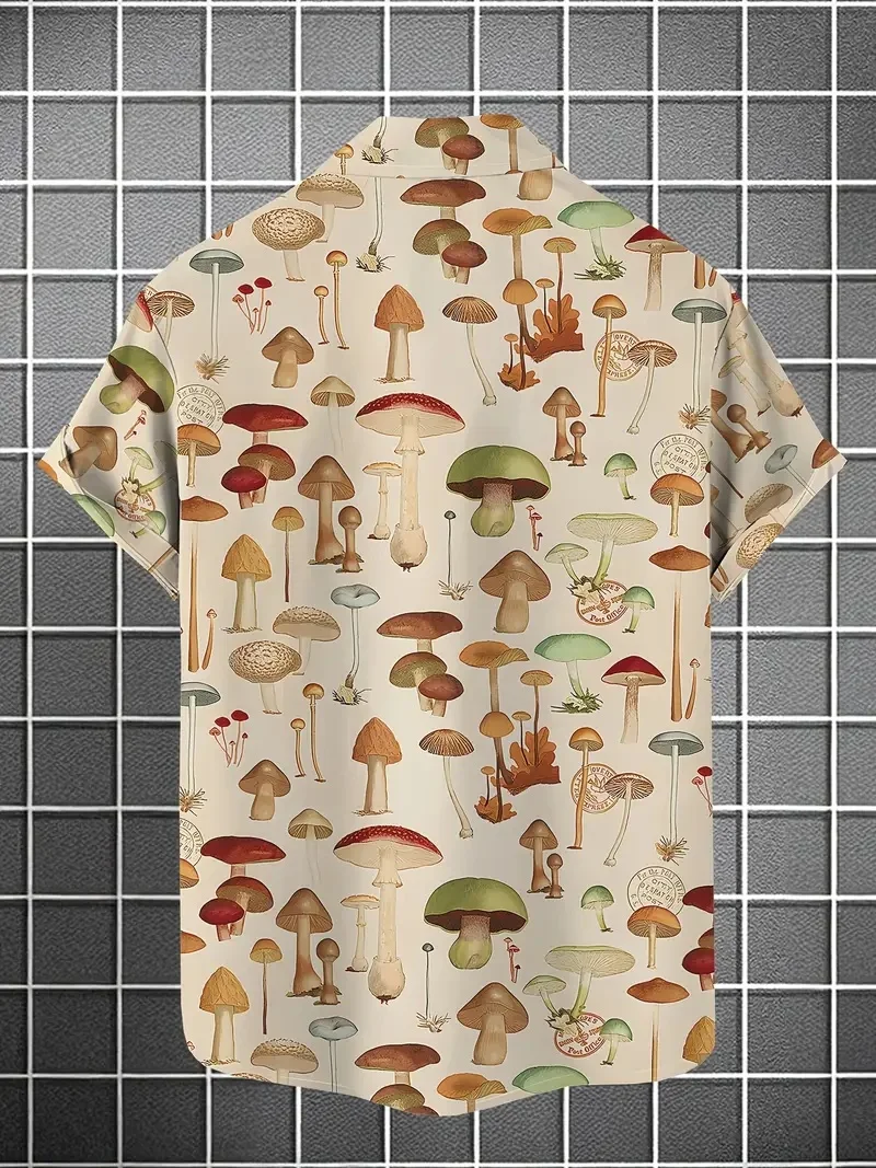 Men's Tropical Hawaiian Style Short Sleeve Shirt with Bright Mushroom Print - Casual, Lightweight Polyester, Perfect for Summer