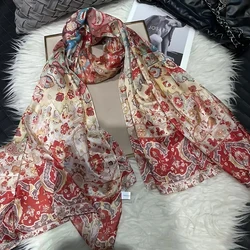 New Beige Red 100% Silk Scarf Shawl Bufanda Women Spring Fall Fashion National Style Floral Utrlong Winter Long Scarves180*110cm