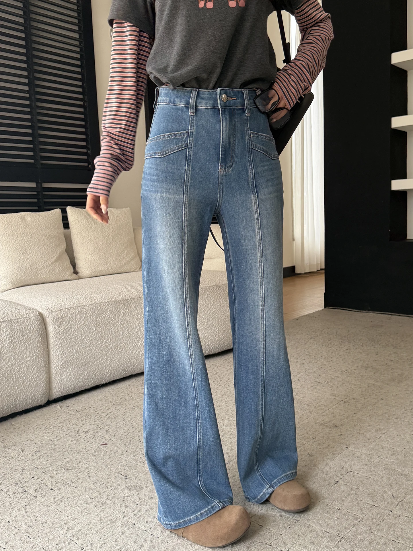 

High Waist Wide Leg Jeans Women's Loose Fit Elastic Denim Pants Spring 2026 Faionable Stitching Slimming Flared Trousers