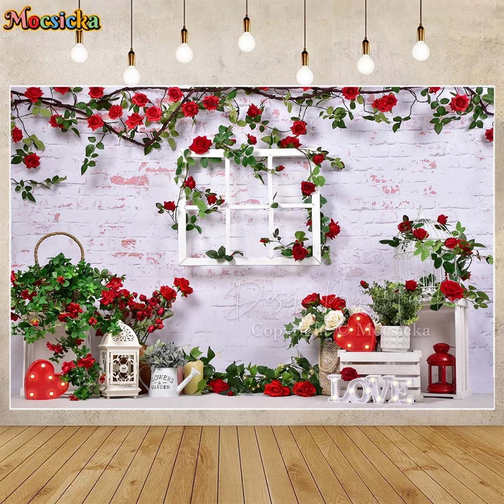 

Mocsicka Valentine's Day Photography Backdrops for Photo Shoot Props Retro White Brick Wall Red Rose Photo Background Decoration