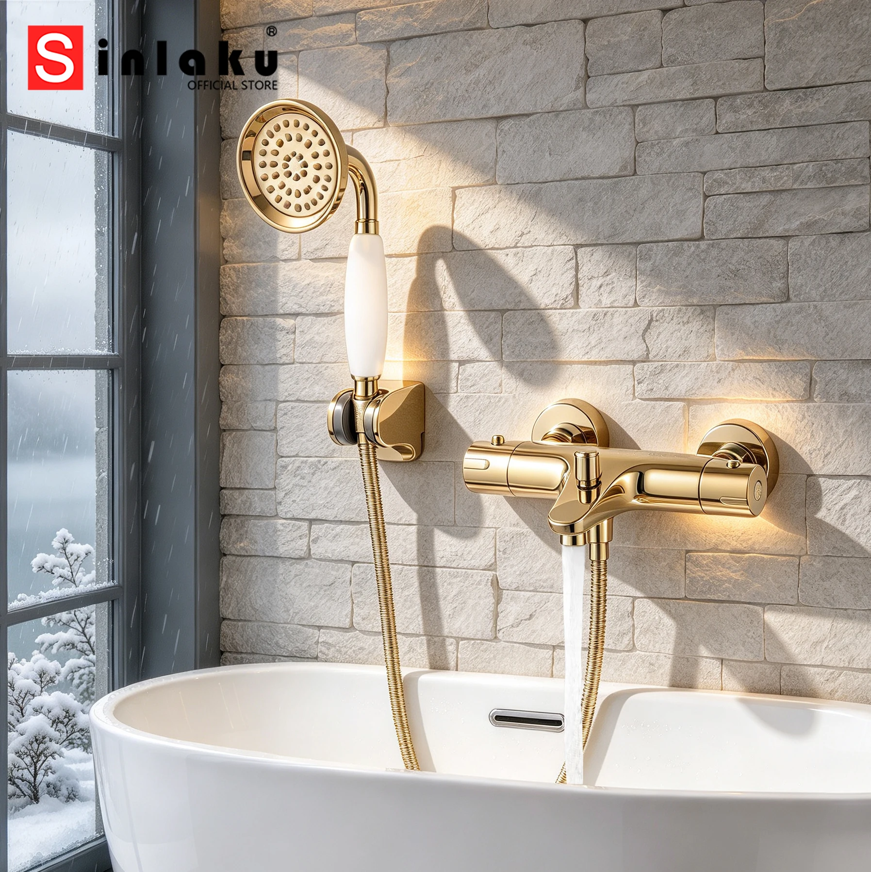 SINLAKU Golden Thermostatic Bathroom Faucet Shower Handle Shower Combo Set Wall Mounted Bathtub Cold And Hot Mixer Water Tap