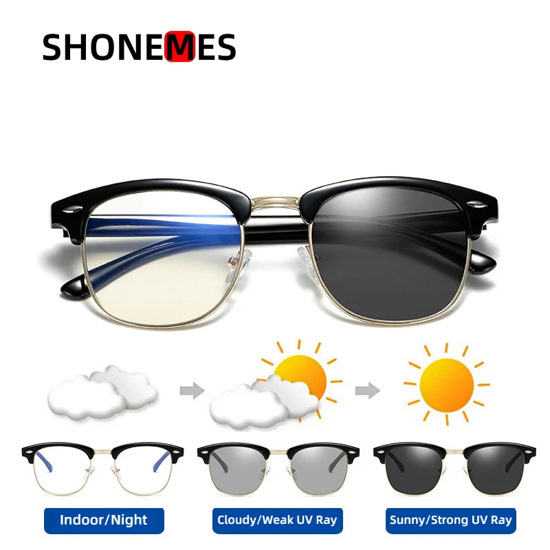 

ShoneMes Classic Photochromic Eyeglasses Anti Blue Light Glasses TR90 Semi Frame Optical Computer Eyewear for Men Women