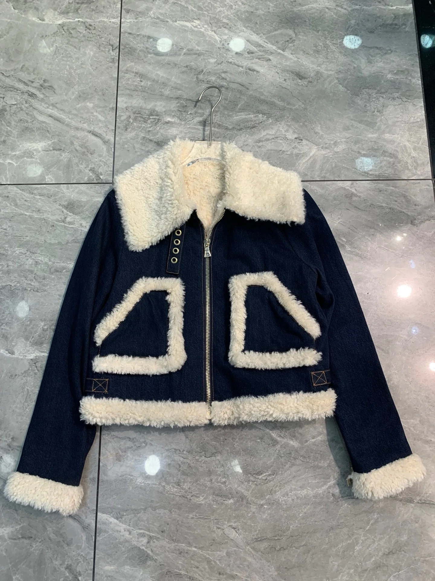 Autumn Winter Women's Color Patchwork Jacket Turn-down Collar Long Sleeve Warm Cotton Coat