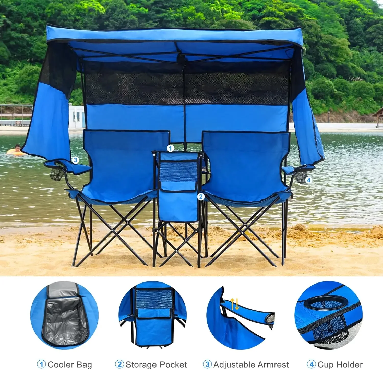 Camping Chair with Canopy Shade Beach Chairs with Cup Holder Heavy Duty Folding Loveseat for Outside Lawn Patio