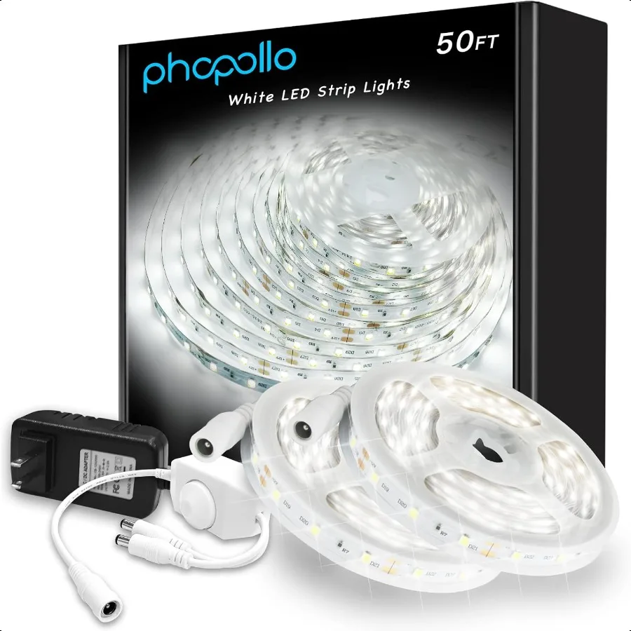 

White LED Strip Lights 50ft 2 Rolls of 25ft Dimmable 6500k Daylight White Led Light Strip 900 LEDs 24V Led Lights for Bedroom M