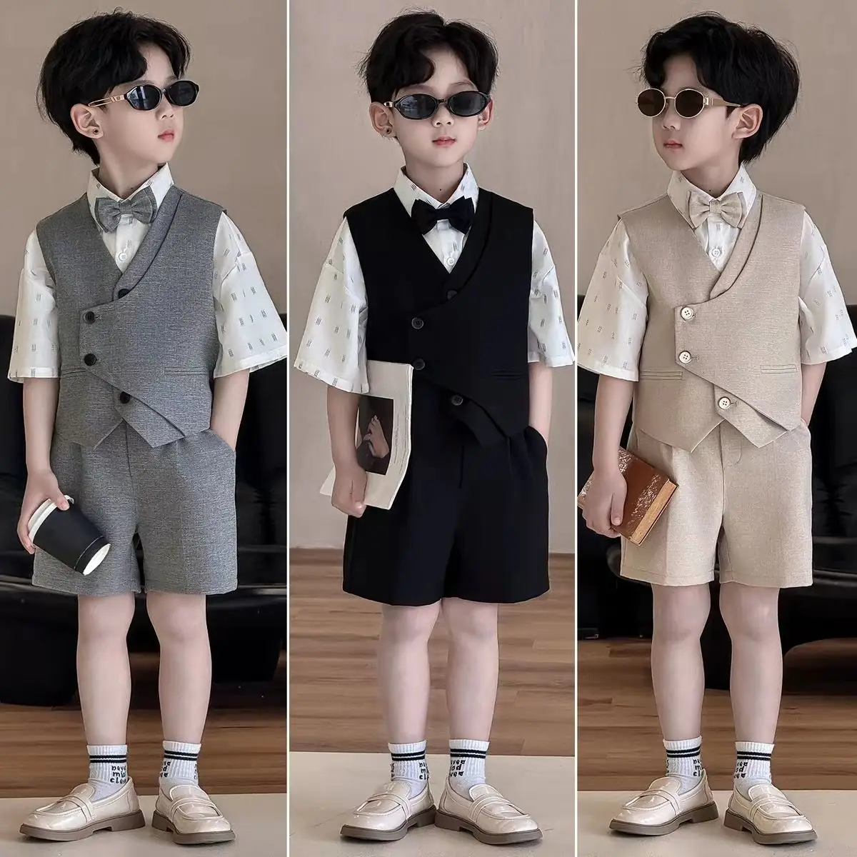3 PCS set Autumn Spring Boy Retro Stripes TShirt+Pants Shorts+Vest Kid Children baby Gentleman Handsome Streetwear Party Clothes