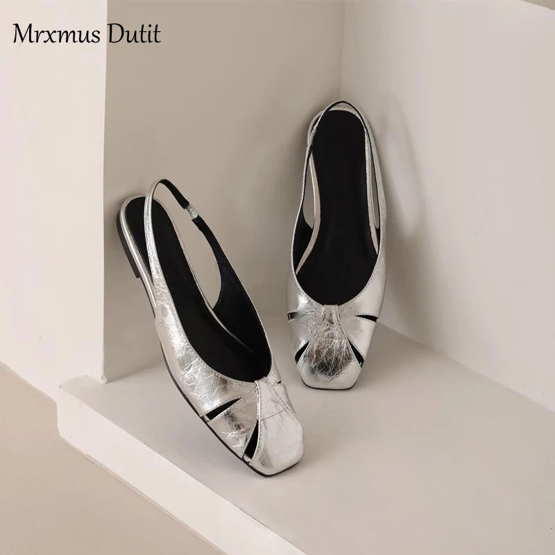 Mrxmus Dutit 2023 Summer Fashion New Women Genuine Leather Flat Weave Hollow Square Head Sandals Solid Casual Shoes Female Chic