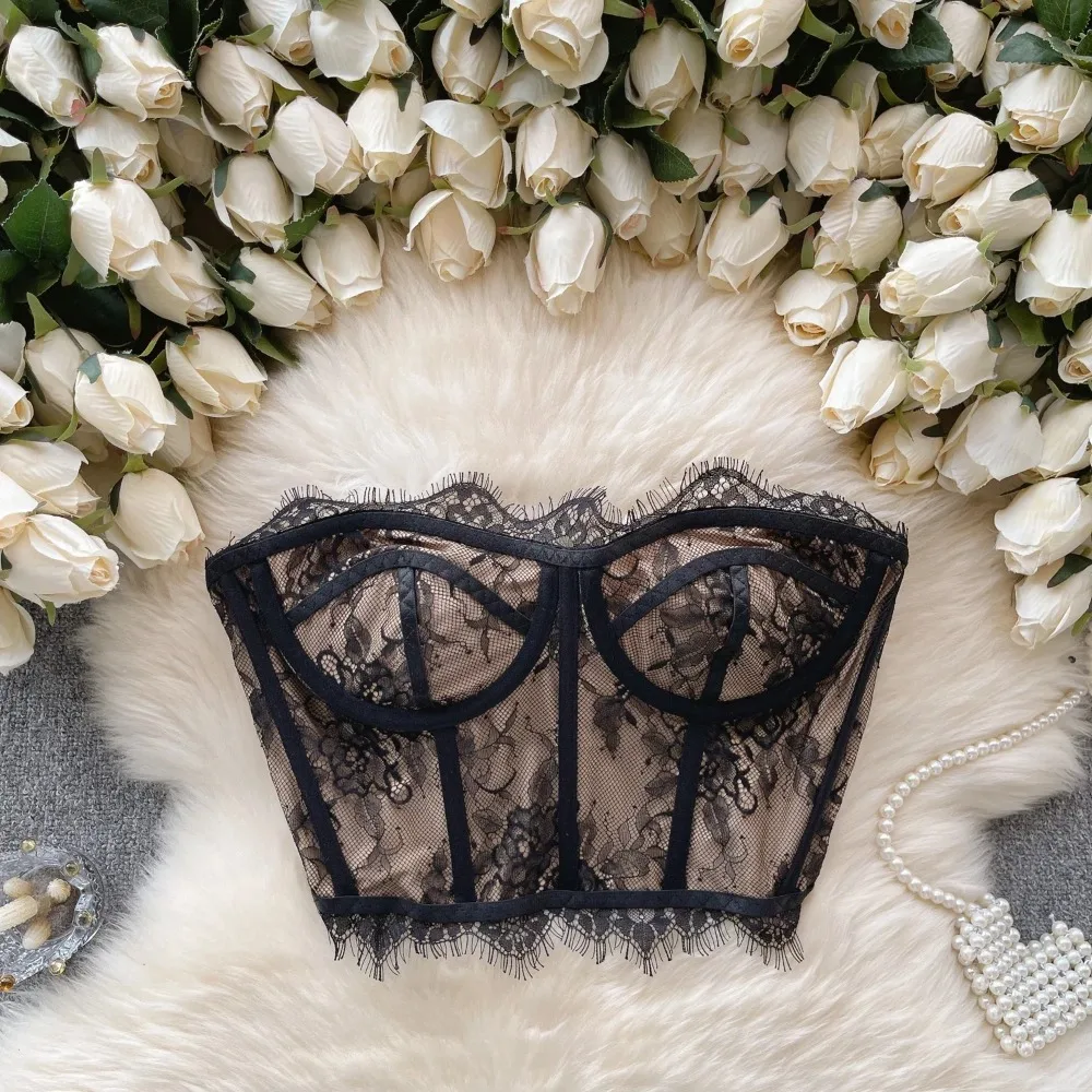 Sexy Lace Crop Off Shoulder Tube Top Strapless Chic Camis Slim Korean Tanks Top Corset Sleeveless Crop Top Backless Women