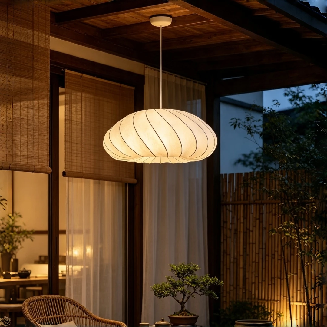 Wabi Sabi Japandi Spiral Silk Cloud Pendant Light Cream UFO Fabric Hanging Lamp For Dining Room Bedroom Café Home Decor Lighting