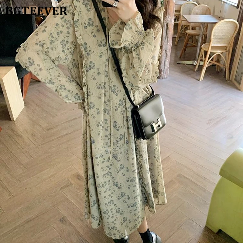 BGTEEVER Casual Ruffles Long Sleeve Women Printed Dress Elegant V-neck Loose Straight Female Dress Summer Ladies Vestidos