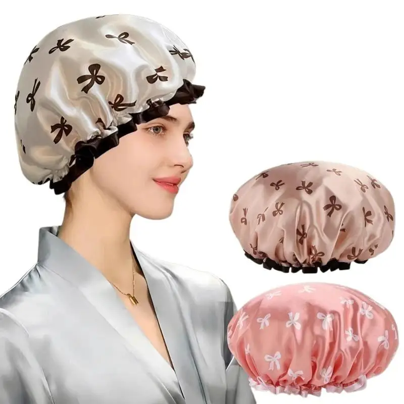Portable Reusable Waterproof Shower Cap Double Layer Cute Printed Bath Hat 1Pcs for Travel Home Salon Daily Use
