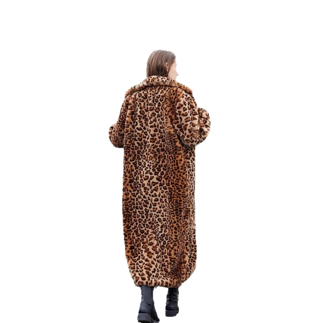 Damski płaszcz zimowy ze sztucznego futra w panterkę, długi, z kontrastowymi kolorami, gruby płaszcz ze sztucznego futra dla kobiet.