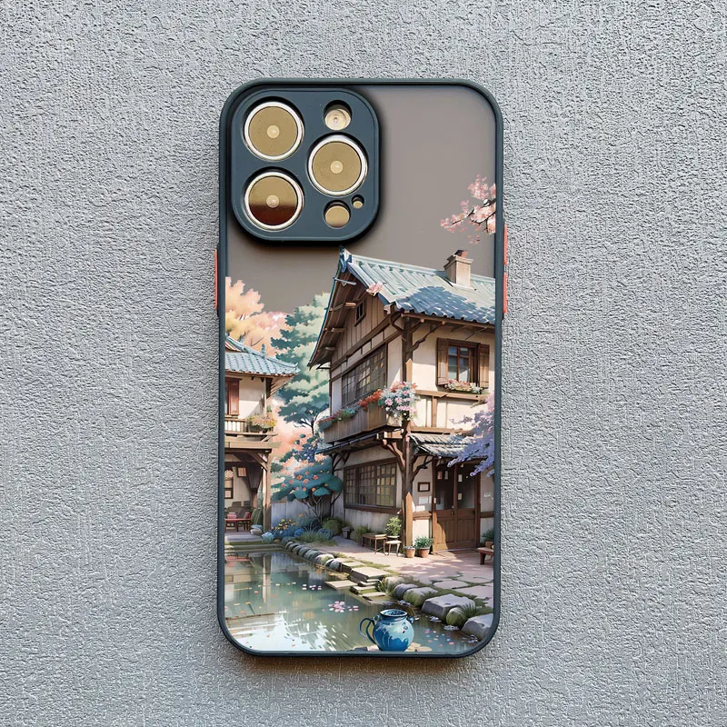 Vintage Ölgemälde Haus Handyhülle für iPhone 11 13 12 Pro MAX Mini XR XS X 17 16 15 14 Pro Max Plus Blumenhof Cover – Detail 7