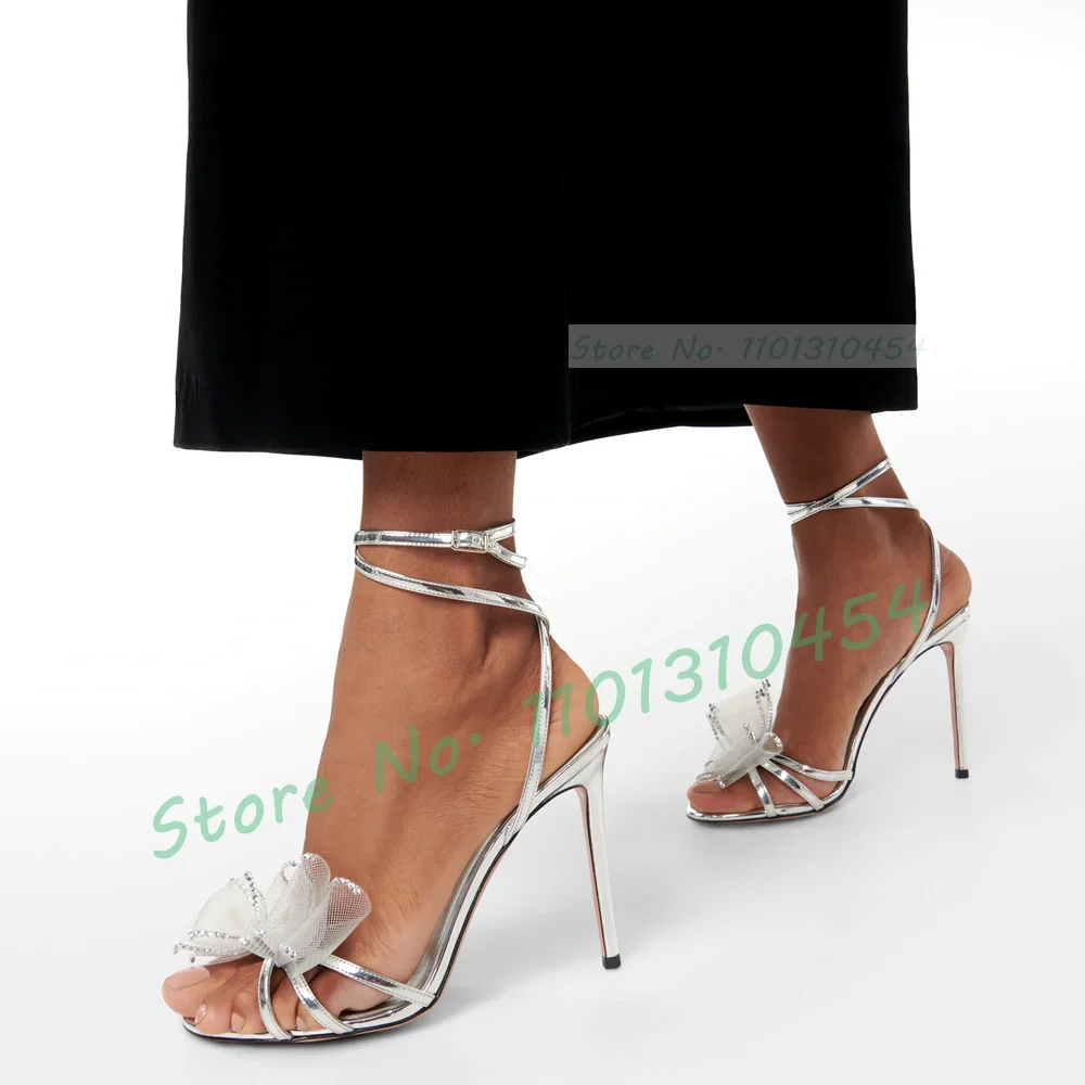 Crystal Trim Mesh Bowknot Sandals Women Elegant Silver Stiletto High Heels Ladies Summer Party Open Toe Evening Cross Sandals