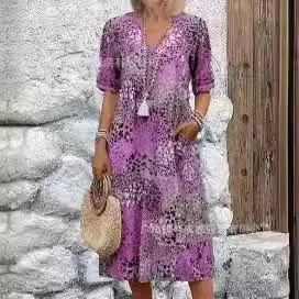 

Women's Long Skirt In Summer Loose Comfortable Lazy Style V-neck Print Loose Waist With Sleeves Large Princess Skirt